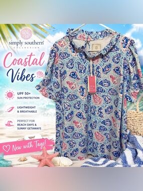 Simply Southern Oyster Print UPF 50+ Sunblock Top Size L NWT